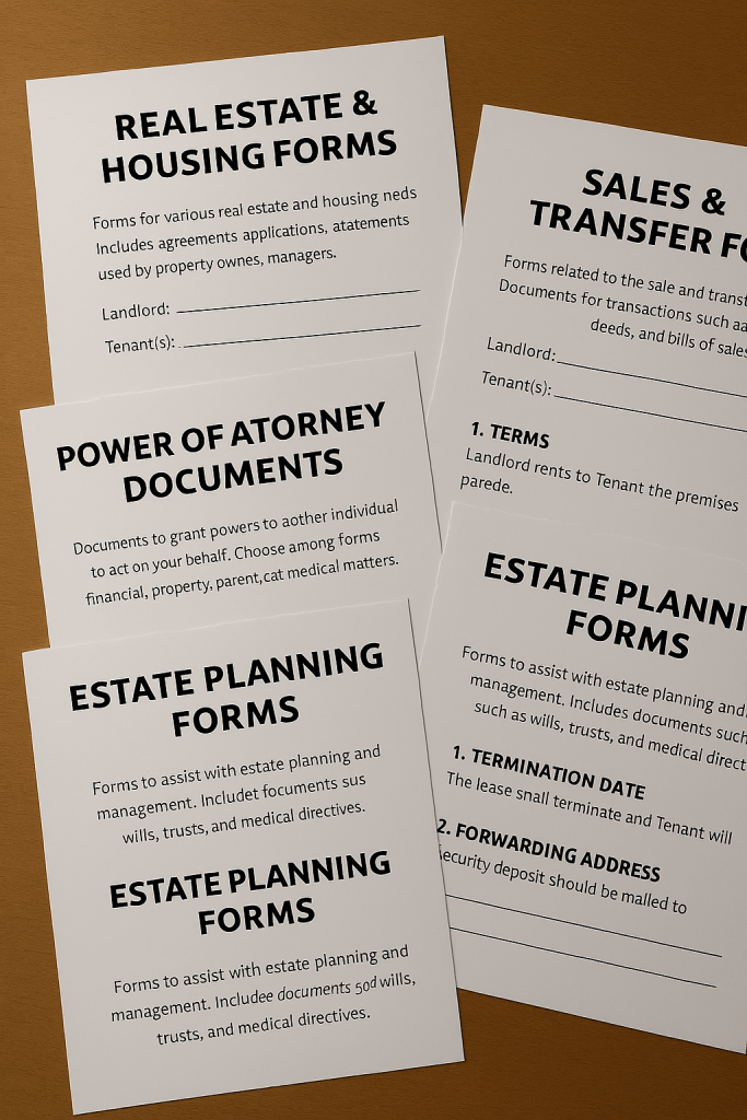 Image of several informational sheets about real estate and housing forms, power of attorney documents, and estate planning forms, with sections for landlord and tenant information.